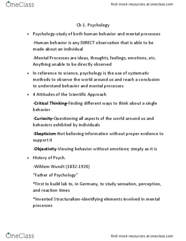 PSYC 101 Lecture Notes - Lecture 1: Unconscious Mind, Human Behavior, Wilhelm Wundt thumbnail