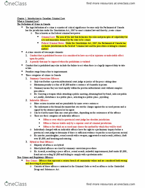 CRIM 230 Lecture Notes - Lecture 1: Indictable Offence, Regulatory Offence, True Crime thumbnail