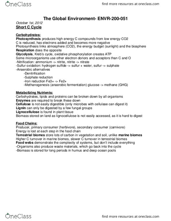 ENVR 200 Lecture Notes - Lecture 9: Hydrogen Sulfide, Oxidative Phosphorylation, Methanogenesis thumbnail