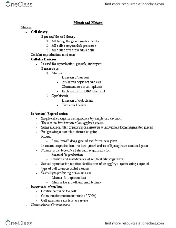 BIOL 118 Lecture Notes - Lecture 5: Sexual Reproduction, Cell Theory, Mitosis thumbnail