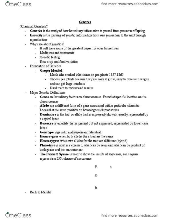 BIOL 118 Lecture Notes - Lecture 7: Punnett Square, Genetic Testing, Zygosity thumbnail