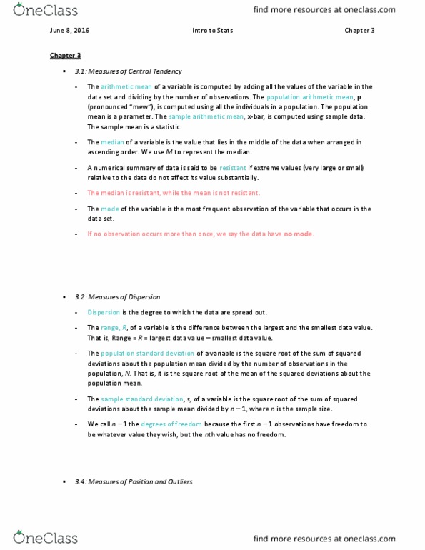 MATH 1070 Chapter Notes - Chapter 3: Squared Deviations From The Mean, Box Plot, Interquartile Range thumbnail