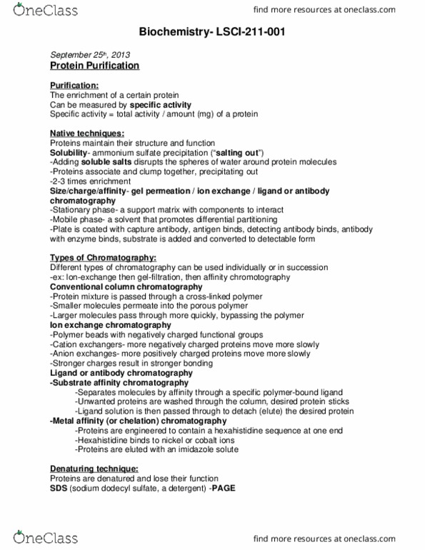 LSCI 211 Lecture Notes - Lecture 8: Affinity Chromatography, Column Chromatography, Cross-Link thumbnail