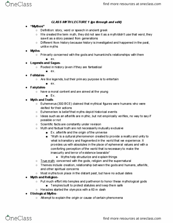 CLAS 160D2 Lecture Notes - Lecture 1: Euhemerism, Euhemerus, Ancient Greek thumbnail