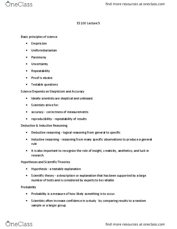 ES 100 Lecture Notes - Lecture 5: Inductive Reasoning, Deductive Reasoning, Scientific Theory thumbnail