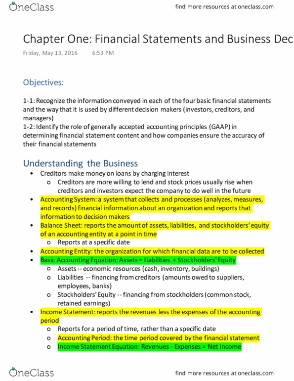 Accounting ACCT 2610 Chapter Notes - Chapter 1: Financial Statement, Income Statement, Accounting thumbnail