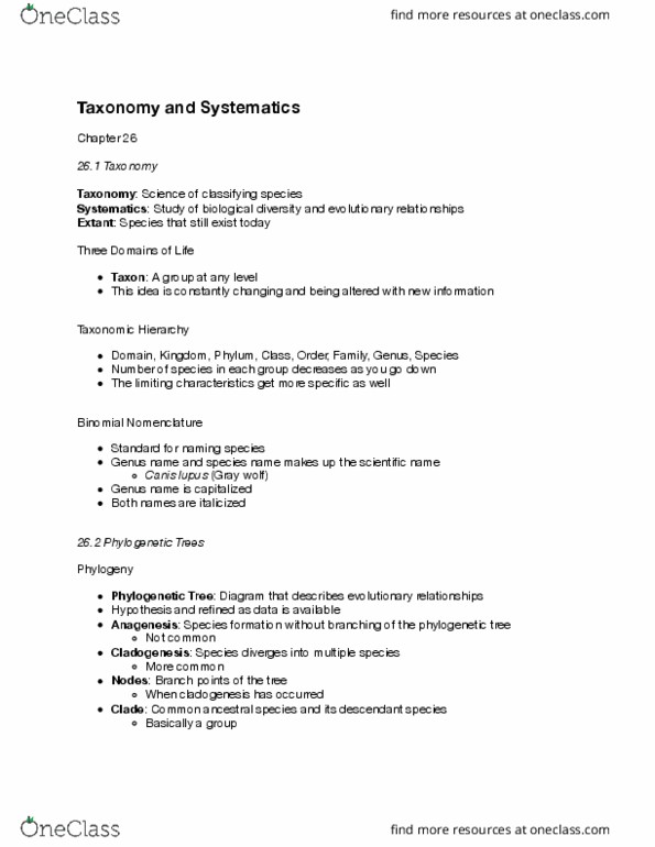 BIOL 2010 Chapter Notes - Chapter 26: Phylogenetic Tree, Binomial Nomenclature, Divergent Evolution thumbnail