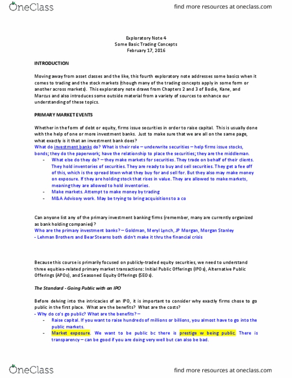 FINC314 Lecture Notes - Lecture 2: Initial Public Offering, Reverse Takeover, Investment Banking thumbnail