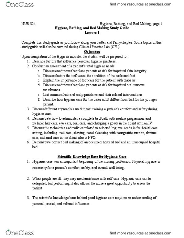 NUR 324 Lecture Notes - Lecture 1: Nursing Diagnosis, Incontinence Pad, Mouth thumbnail