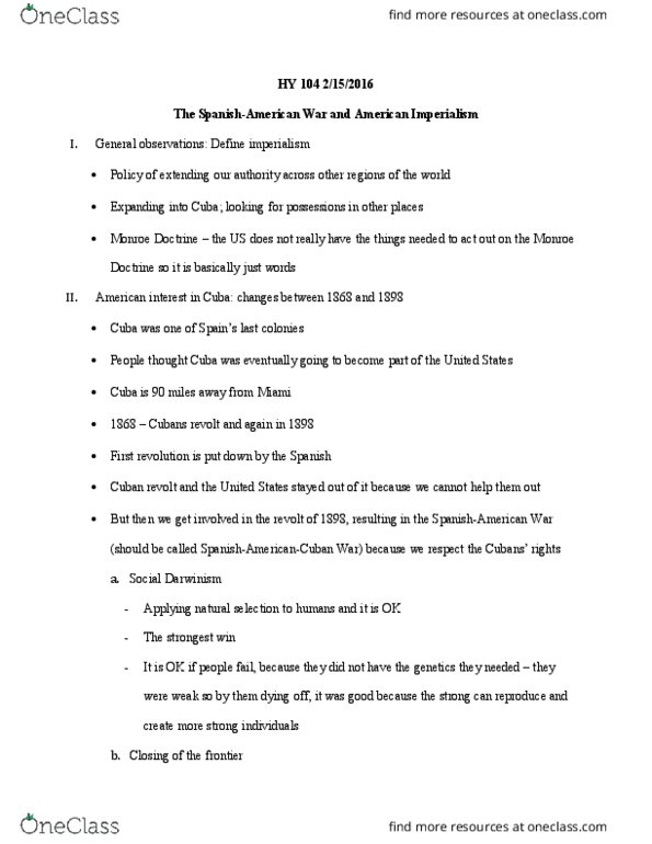 HY 104 Lecture Notes - Lecture 8: Monroe Doctrine, American Imperialism, Yellow Journalism thumbnail