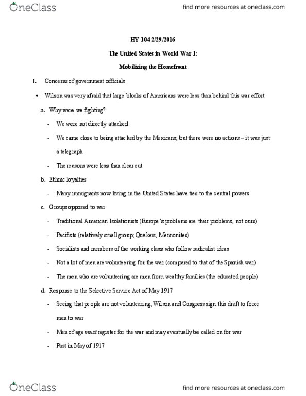 HY 104 Lecture Notes - Lecture 11: American Protective League, George Creel, Muckraker thumbnail