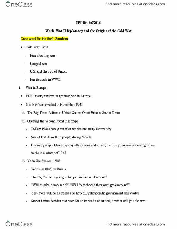 HY 104 Lecture Notes - Lecture 19: Yalta Conference, Acute Radiation Syndrome thumbnail