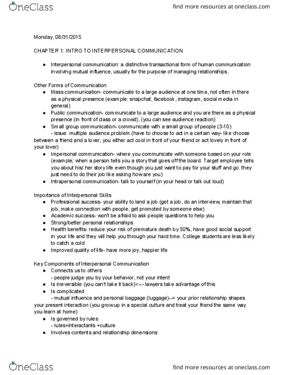 COMM 110 Lecture Notes - Lecture 1: Interpersonal Communication, Intrapersonal Communication, Mass Communication thumbnail