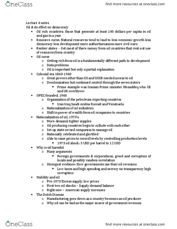 POL SCI 157 Lecture Notes - Lecture 4: 1973 Oil Crisis, Mohammad Mosaddegh, Resource Curse thumbnail