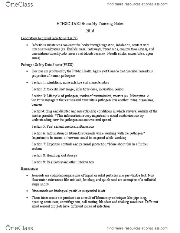 HTHSCI 1BS0 Lecture Notes - Lecture 1: Biosafety Cabinet, Colloid, Biosafety thumbnail
