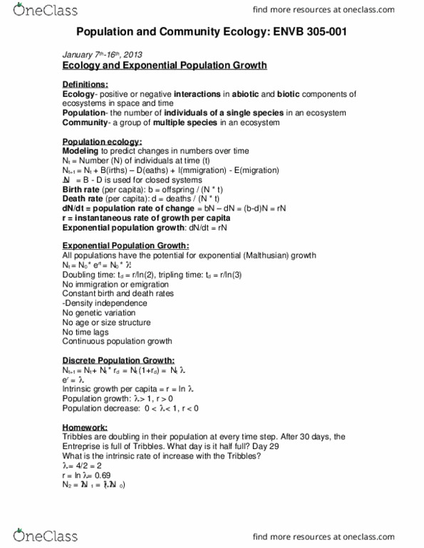 ENVB 305 Lecture Notes - Lecture 1: Population Ecology, No Age, Doubling Time thumbnail