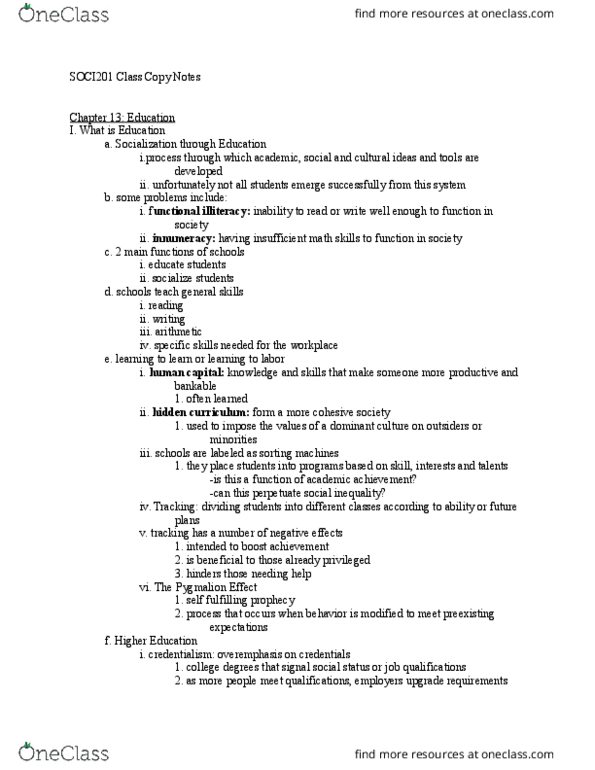 SOCI201 Lecture Notes - Lecture 13: Hidden Curriculum, Functional Illiteracy, Numeracy thumbnail