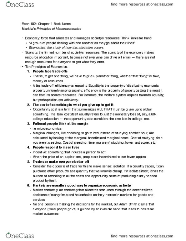 ECON 102 Chapter Notes - Chapter 1: Invisible Hand, Market Economy, Opportunity Cost thumbnail