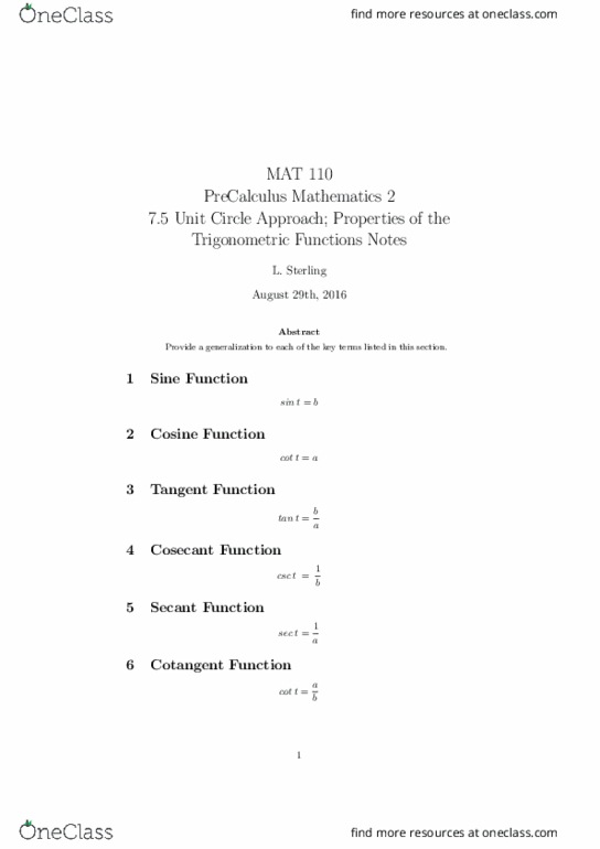 MAT 110 Lecture Notes - Lecture 6: Unit Circle, Trigonometric Functions, Real Number thumbnail
