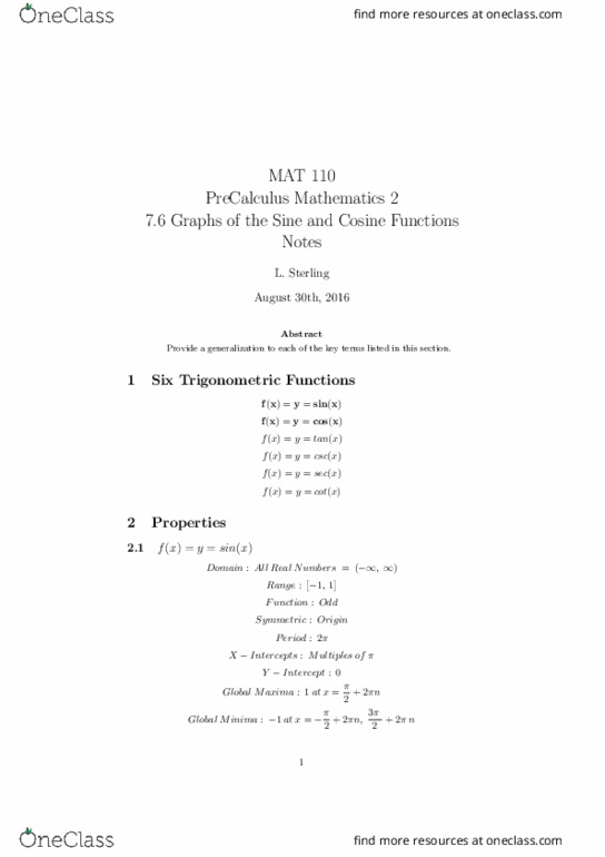 MAT 110 Lecture Notes - Lecture 7: Real Number thumbnail