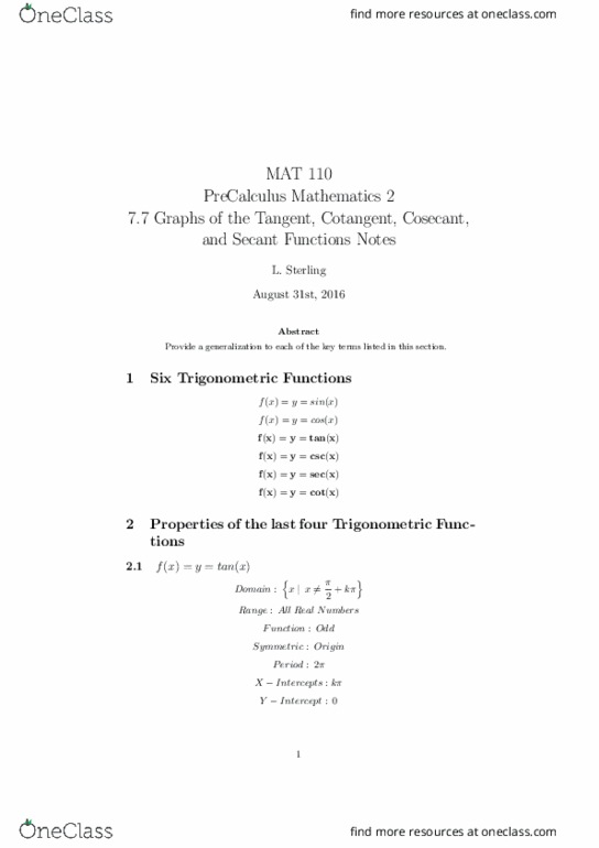 MAT 110 Lecture Notes - Lecture 8: Trigonometric Functions, Real Number thumbnail