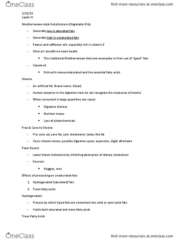 FDNS 2100 Lecture Notes - Lecture 7: Trans Fat, Canola, Olestra thumbnail