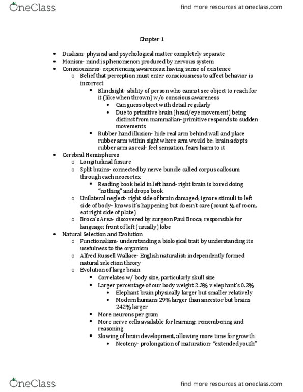 PSYC314 Lecture Notes - Lecture 1: Monism, Neocortex, Hemispatial Neglect thumbnail