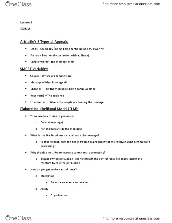 COM 1000 Lecture Notes - Lecture 2: Elaboration Likelihood Model, Pathos, Subjective Constancy thumbnail