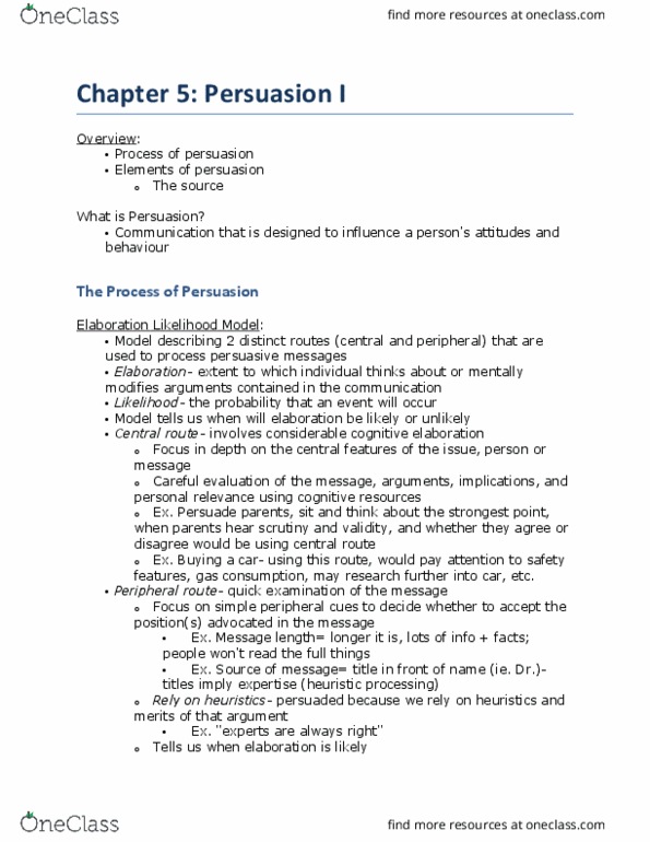 PSY220H5 Lecture Notes - Lecture 5: Elaboration Likelihood Model, Confirmation Bias thumbnail