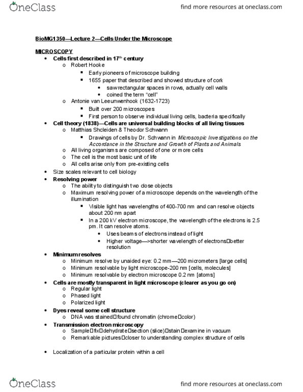 BIOMG 1350 Lecture Notes - Lecture 2: Transmission Electron Microscopy, Theodor Schwann, Electron Microscope thumbnail