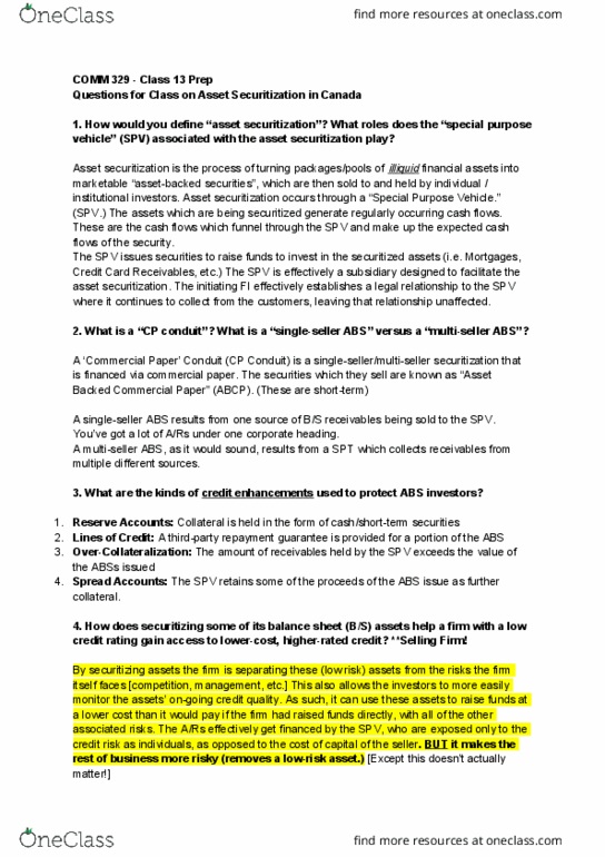 COMM 329 Lecture Notes - Lecture 13: Securitization, Special Purpose Entity, Credit Risk thumbnail