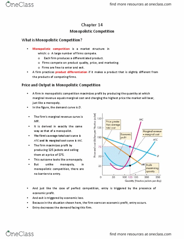 Economics 1021A/B Chapter Notes - Chapter 14: Monopolistic Competition, Marginal Revenue, Demand Curve thumbnail