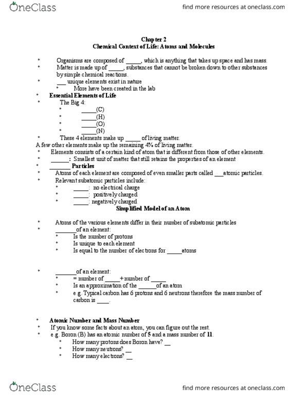 BSC 2010C Lecture Notes - Lecture 1: Hydrogen Atom, Atomic Nucleus, Atomic Number thumbnail