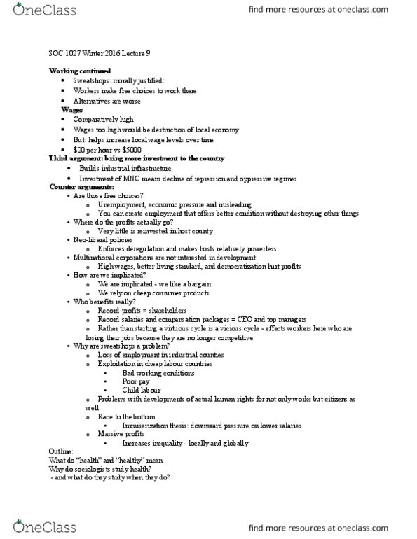 Sociology 1027A/B Lecture Notes - Lecture 9: Infant Mortality, Socialized Medicine, Sick Role thumbnail