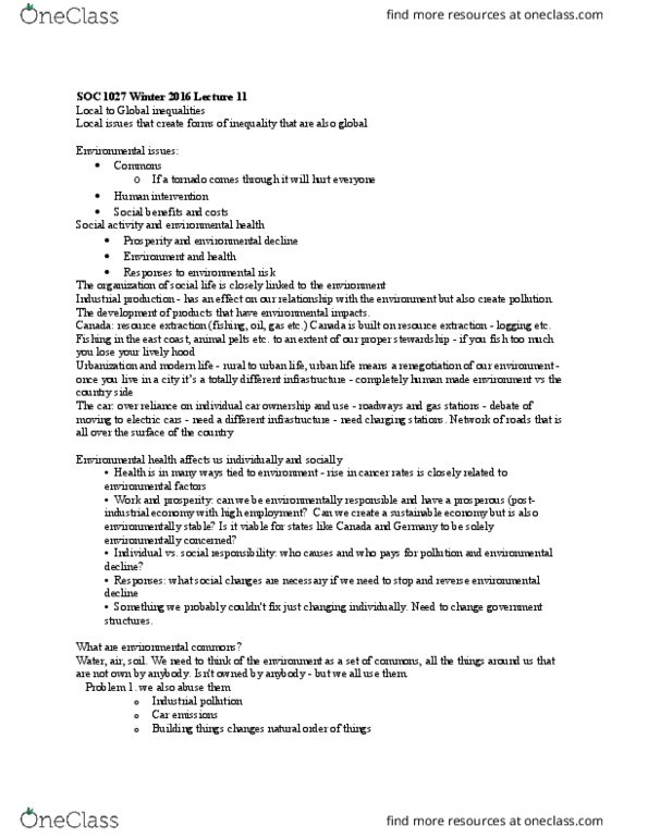 Sociology 1027A/B Lecture Notes - Lecture 11: Global Warming, Environmental Health, Ozone Depletion thumbnail