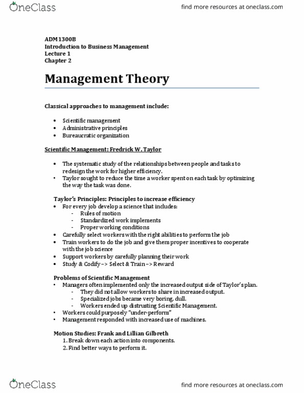 ADM 1300 Lecture Notes - Lecture 1: Lillian Moller Gilbreth, Morale, Scientific Management thumbnail