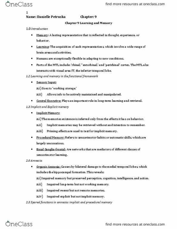 PSYC 423 Lecture Notes - Lecture 6: Temporal Lobe, Implicit Memory, Explicit Memory thumbnail