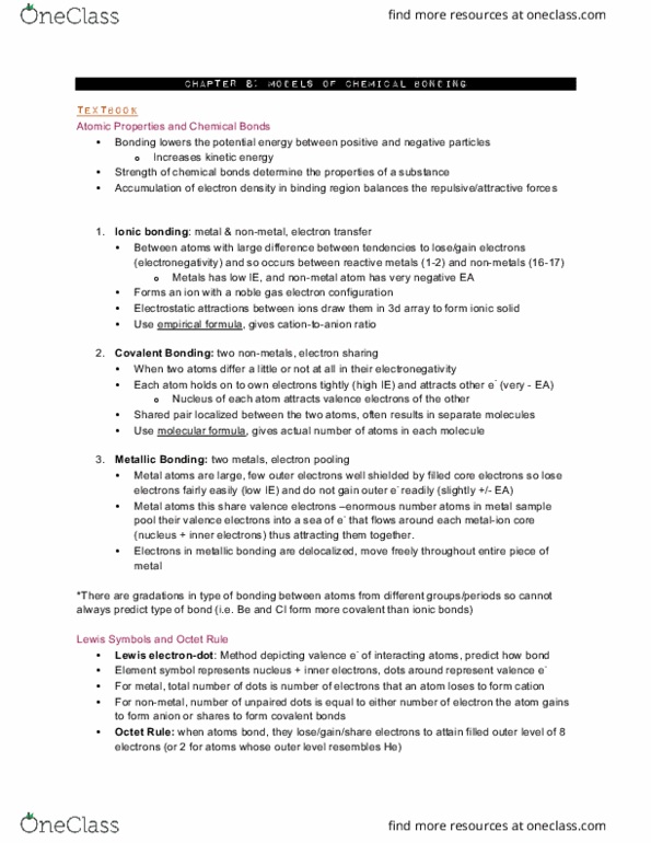 CHEM 110 Chapter Notes - Chapter 8: Network Covalent Bonding, Lattice Energy, Bond-Dissociation Energy thumbnail