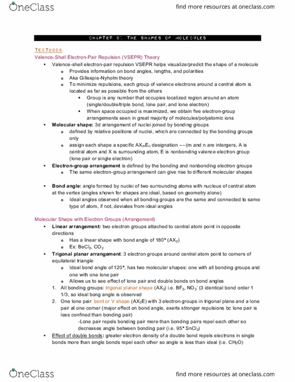 CHEM 110 Chapter Notes - Chapter 9: Trigonal Bipyramidal Molecular Geometry, Trigonal Planar Molecular Geometry, Trigonal Pyramidal Molecular Geometry thumbnail