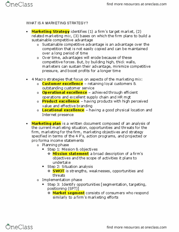 MKTG 3104 Chapter Notes - Chapter 2: Competitive Advantage, Marketing Plan, Operational Excellence thumbnail
