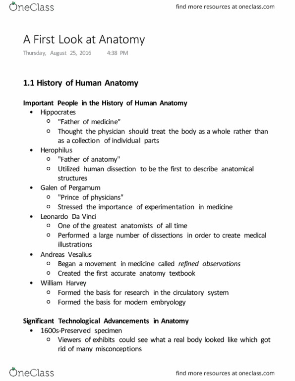 BIOL 255 Chapter Notes - Chapter 1: Andreas Vesalius, Gross Anatomy, Plastination thumbnail