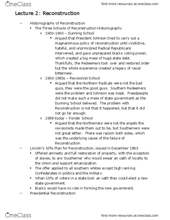 HISTORY 124A Lecture Notes - Lecture 2: Dunning School, Reconstruction Era, Reconstruction Amendments thumbnail