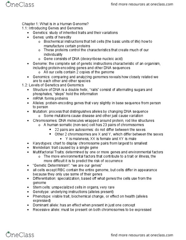 BIOLOGY 233 Chapter Notes - Chapter 1: Deoxyribose, Heredity, Mutation thumbnail