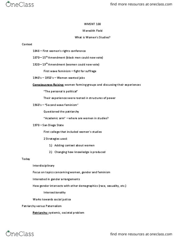 WMNST 100 Lecture Notes - Lecture 1: Second-Wave Feminism, Intersectionality, Paternalism thumbnail