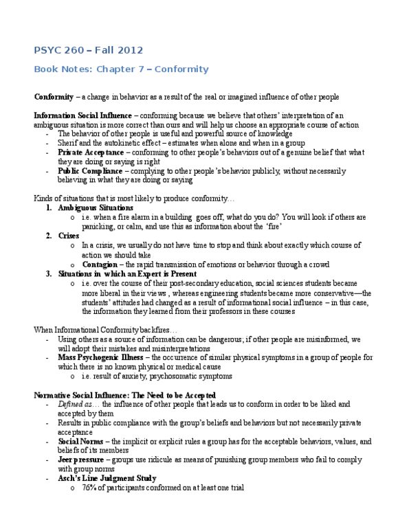 PSYC 260 Chapter Notes - Chapter 7: Normative Social Influence, Mass Psychogenic Illness, Social Proof thumbnail
