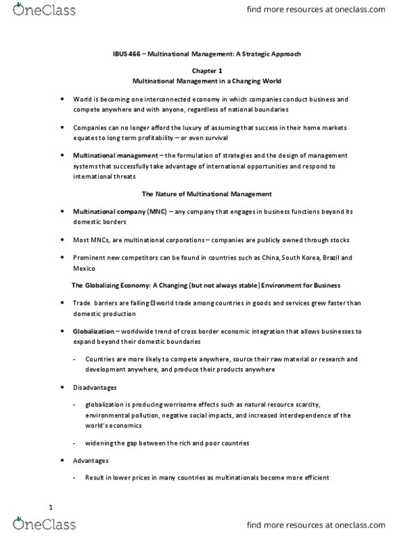 MANA 466 Chapter Notes - Chapter 1-6: North American Free Trade Agreement, Foreign Direct Investment, Free Trade Areas In Europe thumbnail