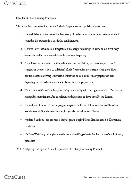 LIFESCI 1 Chapter Notes - Chapter 26: Inbreeding Depression, Allele Frequency, Genotype Frequency thumbnail