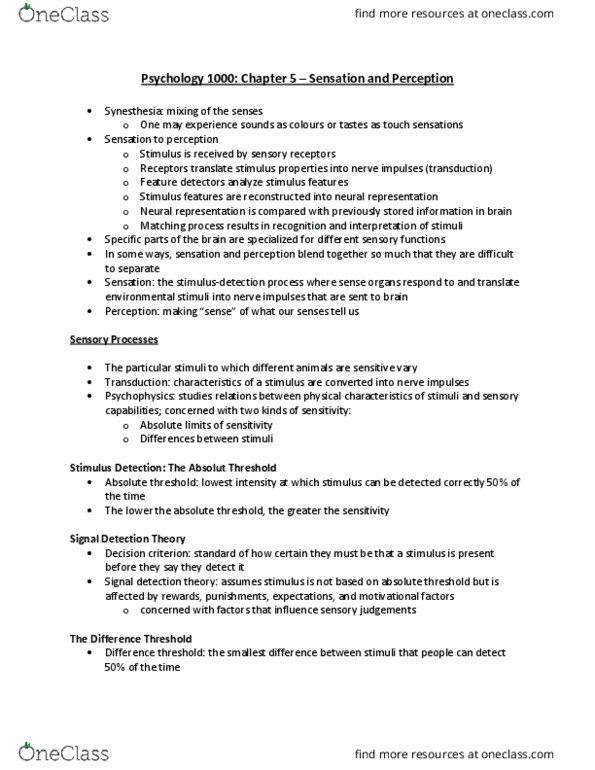 Psychology 1000 Chapter Notes - Chapter 5: Dual Process Theory, Detection Theory, Visual Cortex thumbnail