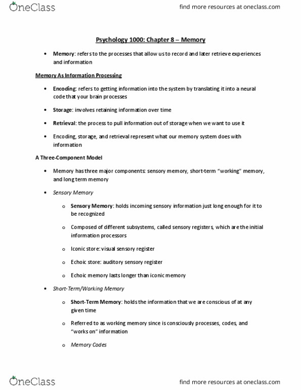 Psychology 1000 Chapter Notes - Chapter 8: Long-Term Memory, Echoic Memory, Sensory Memory thumbnail