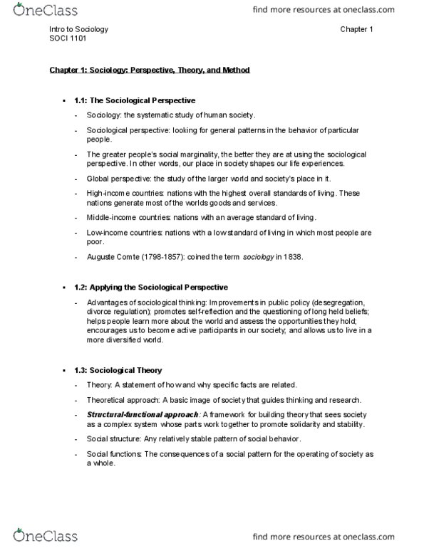 SOCI 1101 Chapter Notes - Chapter 1: Harriet Martineau, Jane Addams, Auguste Comte thumbnail